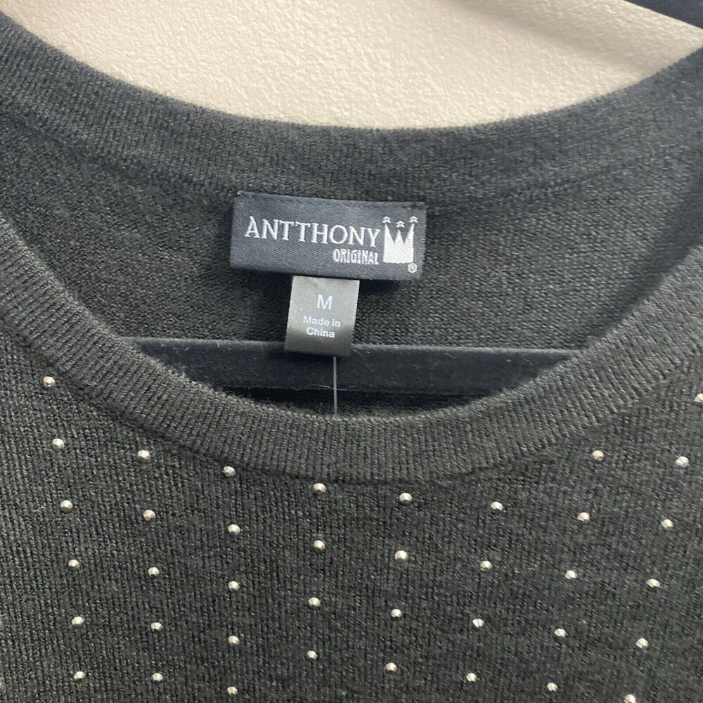 Antthony Womens Black Round Neck Short Sleeve Pullover Embellished Sweater Med